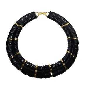Vintage Collar Necklace Black Plastic Gold Tone Choker 15" Retro Jewelry